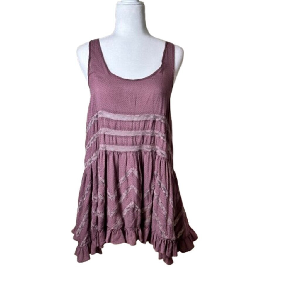 FREE PEOPLE Voile Lace Trapeze Sip Dress Mauve Polka Dot Size Small - Picture 2 of 15
